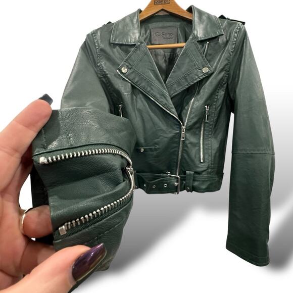 CiSono by Cavalini Green Vegan Leather Moto Jacket Medium Hunter Green Jacket - Picture 2 of 16